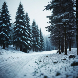 Winter Wonderland: Snow-Covered Evergreen Forest with Winding Road