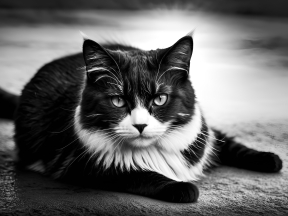 Striking Blue-Eyed Cat with Black and White Fur Sitting Outdoors on Concrete Surface