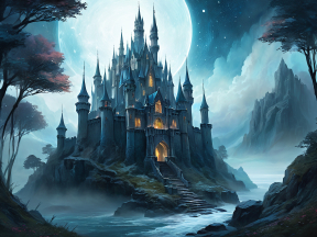 Enchanted Island Castle Under the Full Moon: A Fairy Tale Fantasy Scene