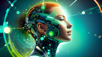 Futuristic Cybernetic Woman Amidst Cosmic Energy Fields
