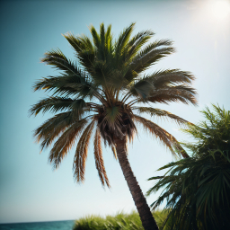 Sunny Tropical Beach Scene with Lush Palm Tree and Blue Sky