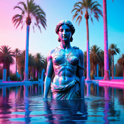 Serenity Reflected: A Classical Statue Amidst a Dreamlike Tropical Twilight
