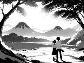Serene Journey: Two Children Exploring a Coastal Forest in a Nostalgic Manga Scene