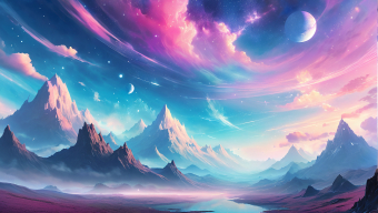 Enchanted Twilight: A Surreal Fantasy Landscape of Misty Mountains and Vibrant Waters