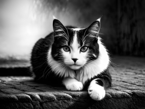 Striking Tabby Cat Poses on Brick Surface with Warm, Engaging Gaze