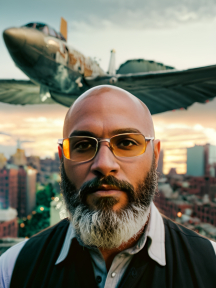 Man with Beard and Glasses Poses Near Airplane at City Airport During Evening