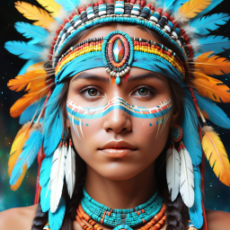 Traditional Native American Ceremonial Attire Featuring Intricate Face Paint and Feathered Headdress