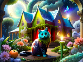 Enchanted Blue-Furred Cat in a Vibrant Fairytale Garden and Castle
