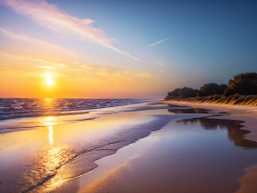 Tranquil Sunrise Over a Serene Beach with Golden Reflections