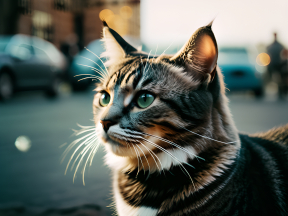 Intense Gaze: Striped Cat in Warm Evening Light Outdoors