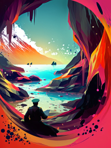 Contemplation at the Edge: A Soldier's Solitude Amidst Volcanic Shores at Sunrise