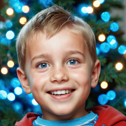 Smiling Boy in Red Sweater Poses by Festive Blue-Lit Christmas Tree