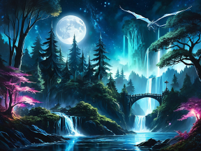 Enchanted Moonlit Forest: A Mystical Night of Waterfalls and Wonder