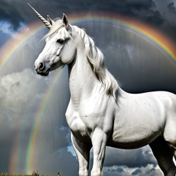 Majestic Unicorn Amidst a Sky Filled with Multiple Rainbows After the Rain