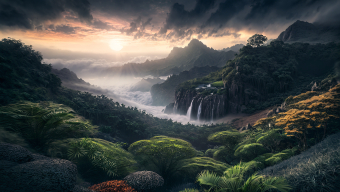 Enchanted Valley: A Majestic Waterfall in a Mystical Fantasy Landscape