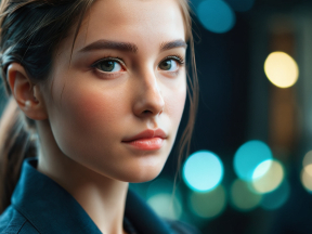 Confident Young Woman in Urban Evening Setting with Warm City Lights