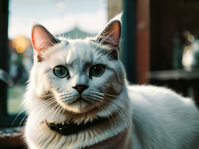 Contented Long-Haired Cat with Striking Blue Eyes Sitting Indoors by a Window