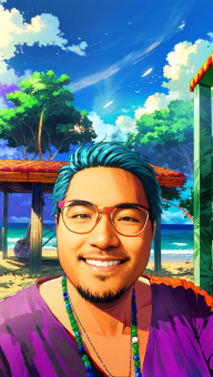 Person Taking Selfie with Klee from Genshin Impact in Vibrant Tropical Game Setting