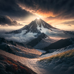 Golden Sunrise Over Majestic Snow-Capped Mountain Peaks Above the Clouds
