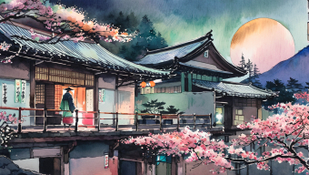 Serene Twilight in an Edo Era Japanese Village Amidst Cherry Blossoms