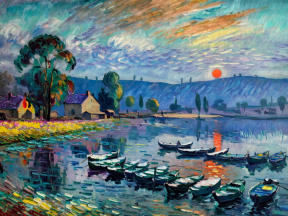 Tranquil Waters at Sunset: An Impressionist Village Landscape