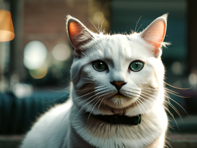 Close-Up Portrait of a Blue-Eyed Cat with Striking Whiskers in a Cozy Indoor Setting