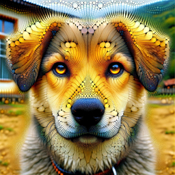 Kaleidoscopic Canine: Surreal Optical Illusion of a Dog's Face in a Forest Setting