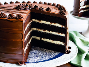 Decadent Layered Chocolate Cake with Creamy White Frosting on Decorative Plate