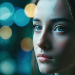Ethereal Evening Portrait of a Young Woman with Striking Blue Eyes