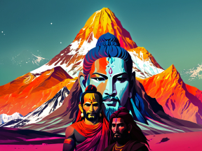 Divine Multiform: A Vibrant Depiction of Lord Shiva Amidst a Cosmic Mountain Landscape