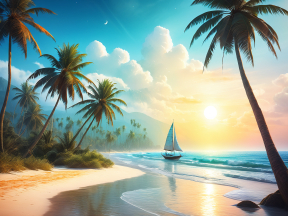 Serene Tropical Beach at Sunrise with Sailboat and Palm Trees