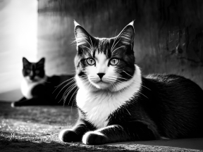 Two Cats Indoors: Focused Foreground Cat with White Chest and Blurred Background Companion
