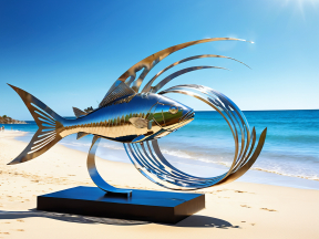 Dynamic Fish Sculpture on Sandy Beach with Sea View: A Nautical Public Art Installation