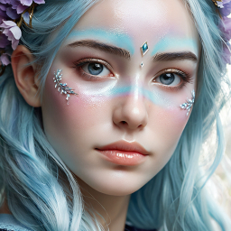 Enchanting Blue-Haired Fantasy Portrait with Celestial Face Paint and Whimsical Makeup