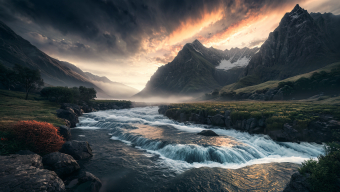 Majestic Alpine Wilderness: Rugged Mountains and Icy Rapids at Sunrise