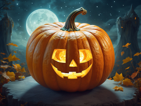 Glowing Jack-o'-Lantern Amidst Autumn Leaves Under a Full Moon: A Halloween Night Scene
