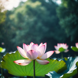 Serene Beauty: Vibrant Pink Lotus Blooming Amidst Lily Pads in a Tranquil Pond