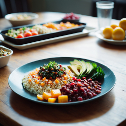 Colorful Grain Bowl with Fresh Vegetables and Fruit Garnish in a Casual Home Dining Setting