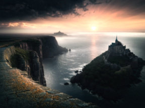 Tranquil Sunset Over Rocky Shoreline with Silhouetted Trees