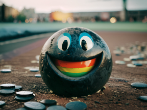 Smiling Bowling Ball Amid Scattered Pins in Outdoor Setting