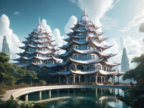 Tranquil Pagoda-Style Temples Amidst Lush Gardens by the Water