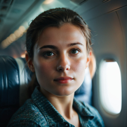 Woman Gazing Out Window Inside Commercial Airplane Cabin