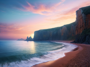 Serene Coastal Sunrise: Pink Sands and Rugged Cliffs at Dawn