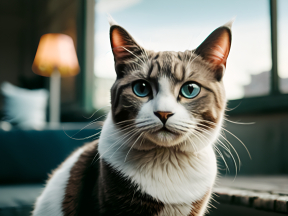 Blue-Eyed Cat with Distinctive Brown and Black Fur Sitting Indoors