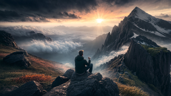 Solitary Reflection: A Serene Mountain Sunset from a Rocky Summit