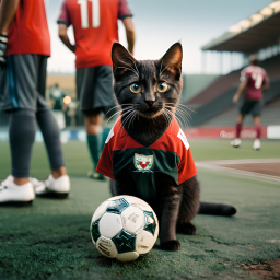 Adorable Gray Kitten in Soccer Jersey Poses with Ball on Sports Field