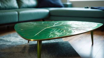 Modern Leaf-Inspired Green Coffee Table with Metallic Frame in Contemporary Living Room Setting