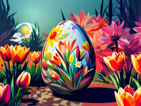 Vibrant Floral Fantasy: An Intricately Decorated Egg Amidst Blossoms