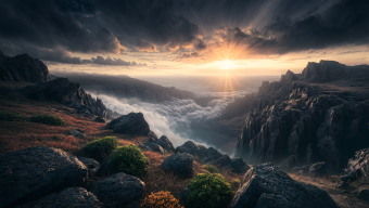Stormy Coastline at Dawn: A Dramatic Clash of Light and Shadow