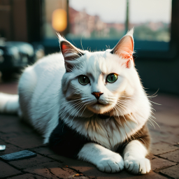 Relaxed Fluffy Cat with White Markings Lounging Outdoors Wearing a Collar